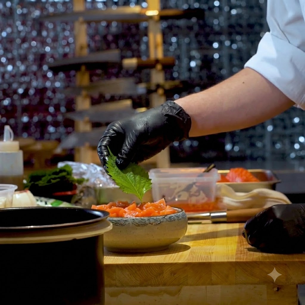A fresh green shiso leaf being placed on top of the salmon in the rice bowl.
