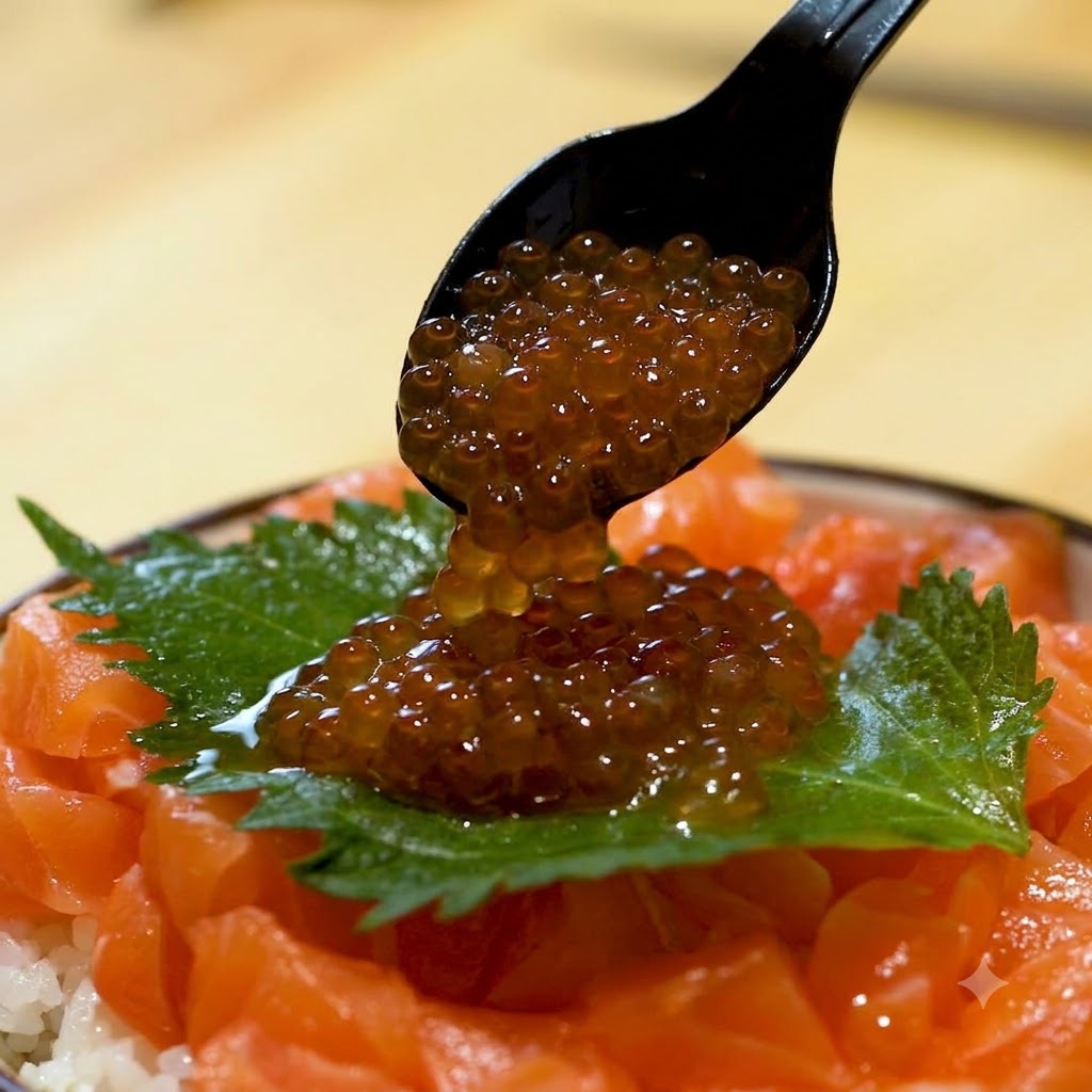 Salmon roe being poured from a black spoon onto a shiso leaf and salmon.