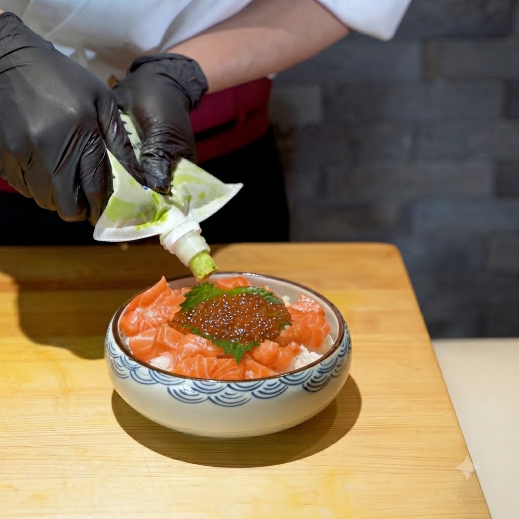 Wasabi being squeezed from a piping bag onto the prepared salmon rice bowl.