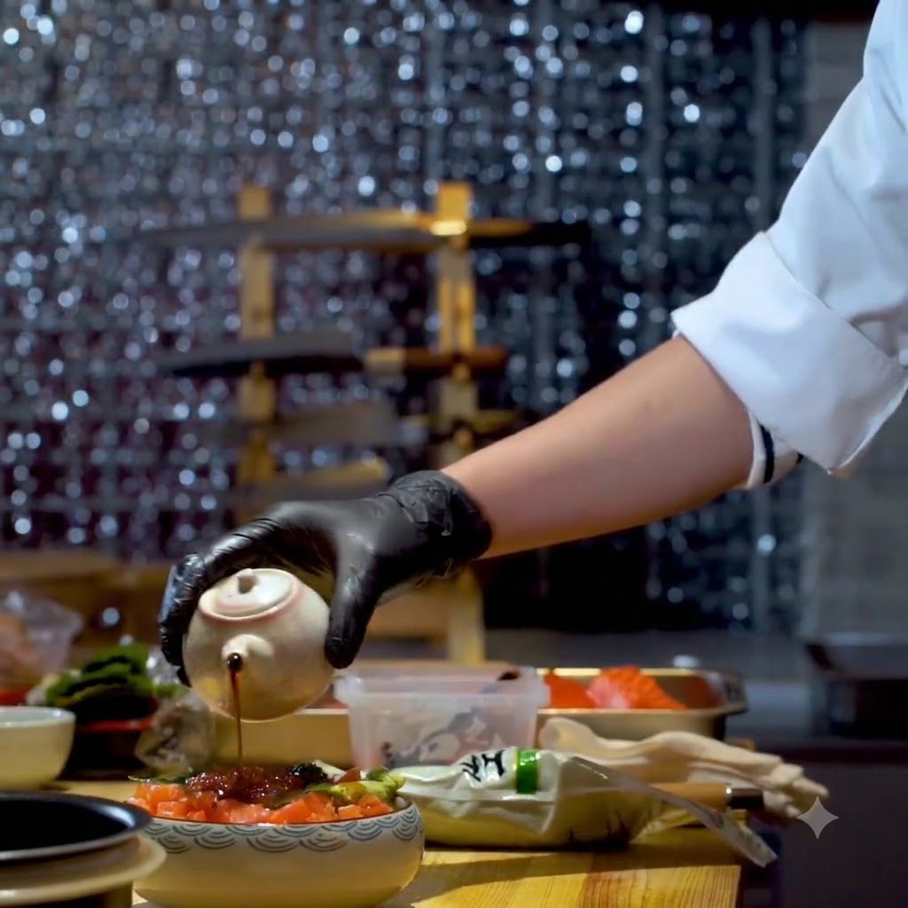 Soy sauce being poured from a small pitcher onto a salmon and salmon roe rice bowl.