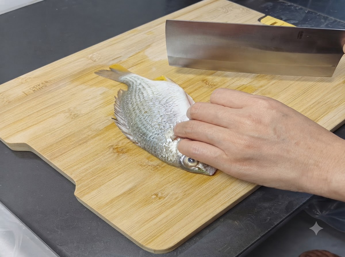 A raw yellow fin bream on a cutting board being slit in the middle with a cleaver.