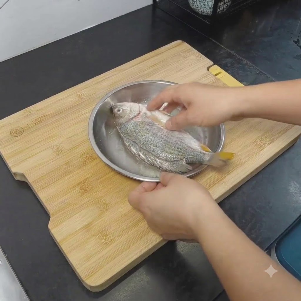 Hands massaging oil and salt onto a raw fish in a plate.