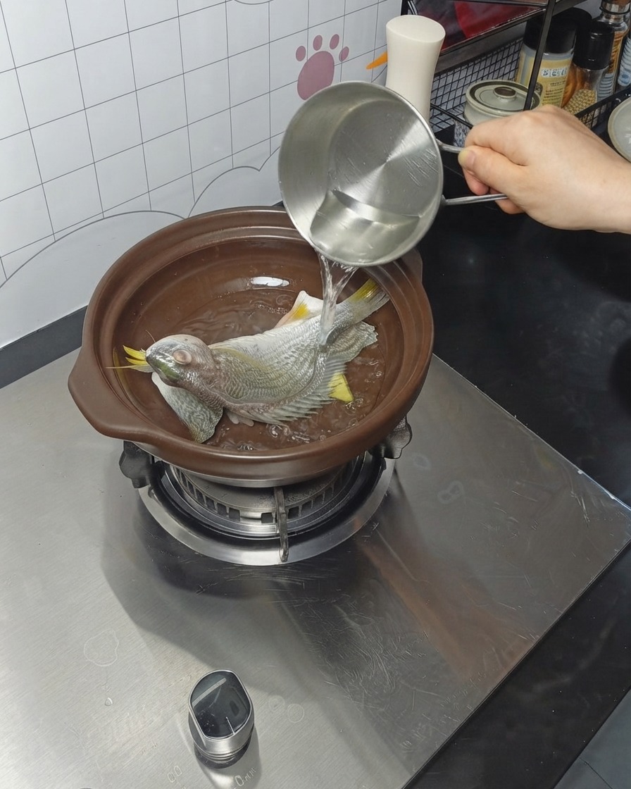 Water being poured from a metal container into a clay pot with fish.