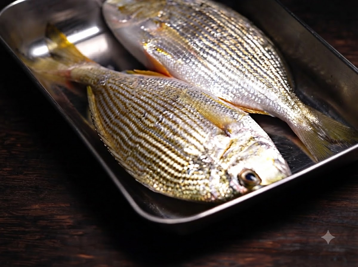Two whole fresh yellow seabream resting side-by-side in a rectangular metal tray.