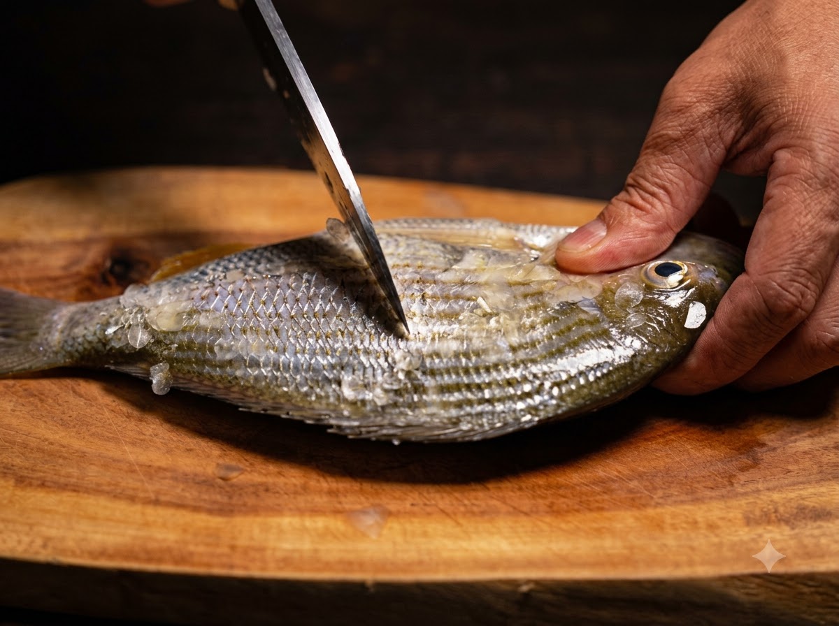 A person using a knife to scrape and clean a yellow seabream on a wooden cutting board.