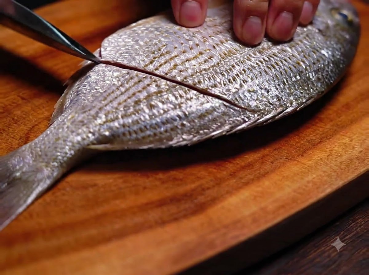 A hand using a knife to carefully slice a diagonal score mark into the side of a raw yellow seabream.