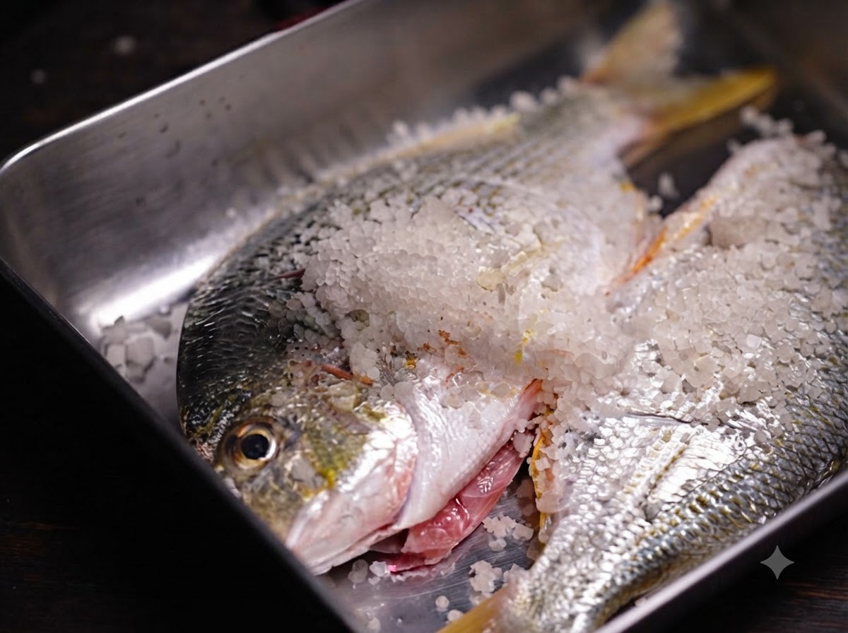 A yellow seabream lying in a metal tray, generously covered with large crystals of coarse sea salt.