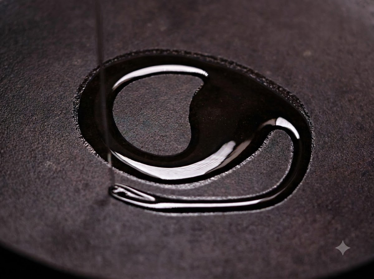 Cooking oil being poured into a black cast iron skillet, forming a smooth pool on the surface.