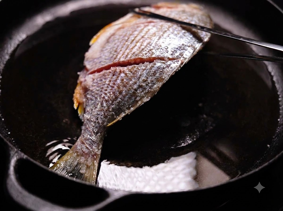 A whole scored yellow seabream sizzling in hot oil inside a cast iron skillet.