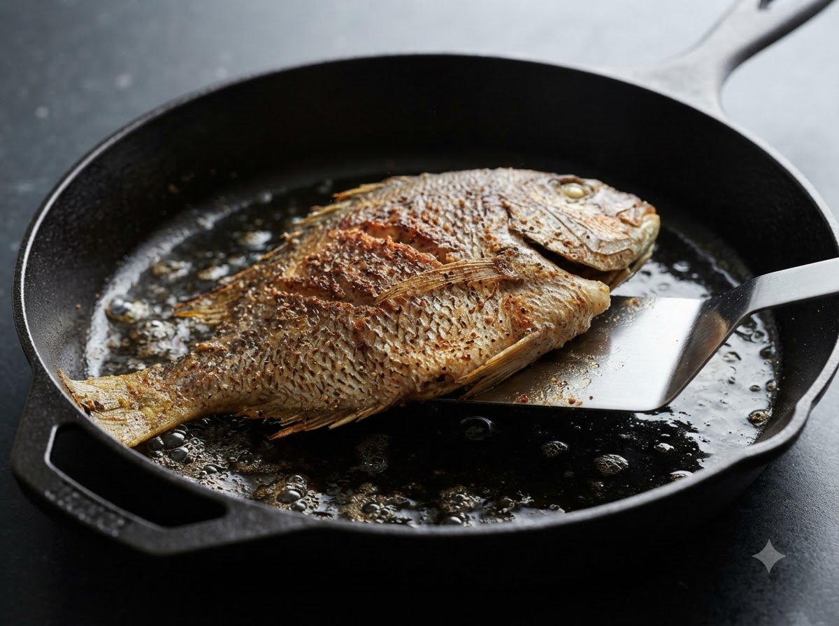 A fish being flipped with a spatula in a cast-iron skillet filled with oil.