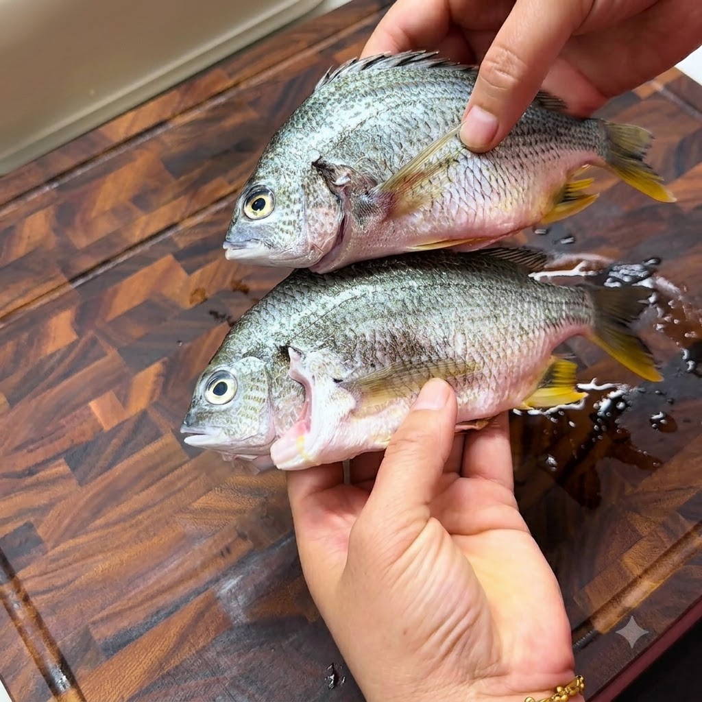 Hands holding two fresh yellowfin seabream over a wooden cutting board, preparing to remove their small fins.