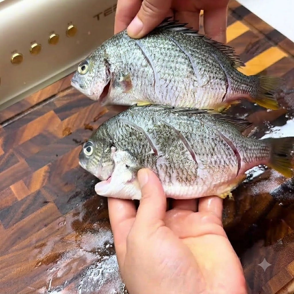 Hands holding two scored fish, showing salt rubbed evenly across the skin and inside the diagonal cuts.