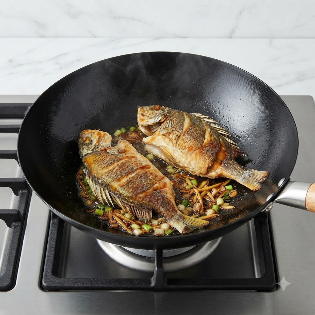 Two whole fish pan-frying in a wok, surrounded by sizzling chopped scallions and sliced ginger in the hot oil.
