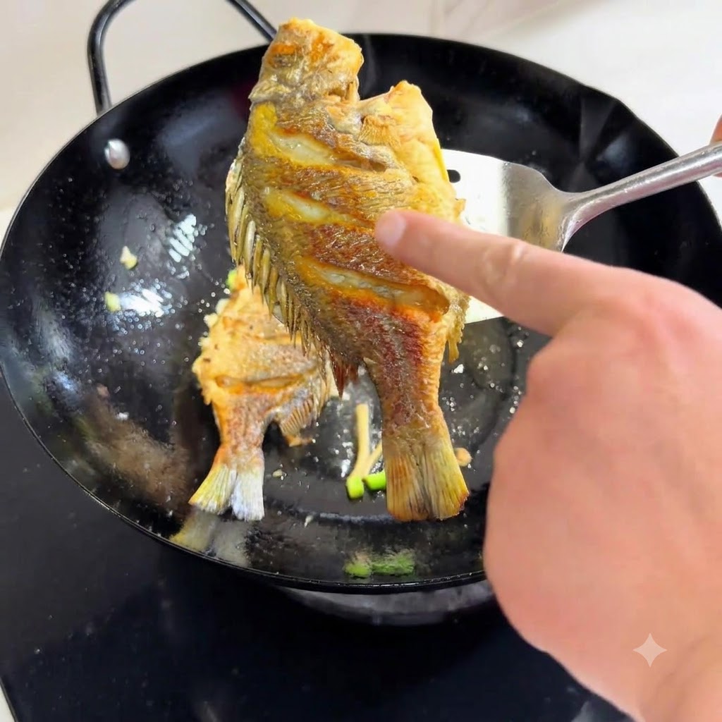 A metal spatula lifting a pan-fried fish out of a wok to reveal a perfectly golden-brown and crispy skin on its underside.