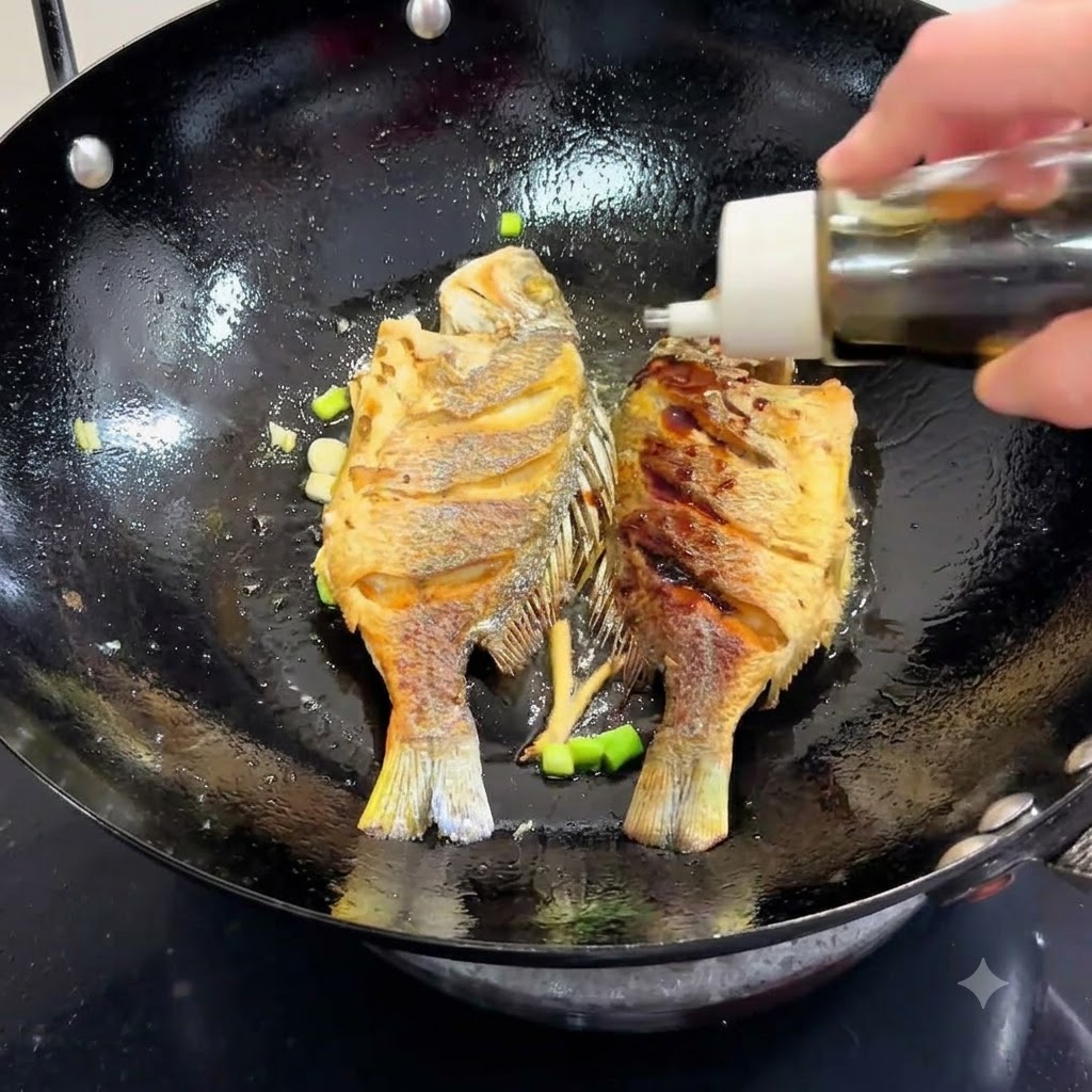 Soy sauce being poured from a bottle into a wok containing pan-fried fish and scallions.