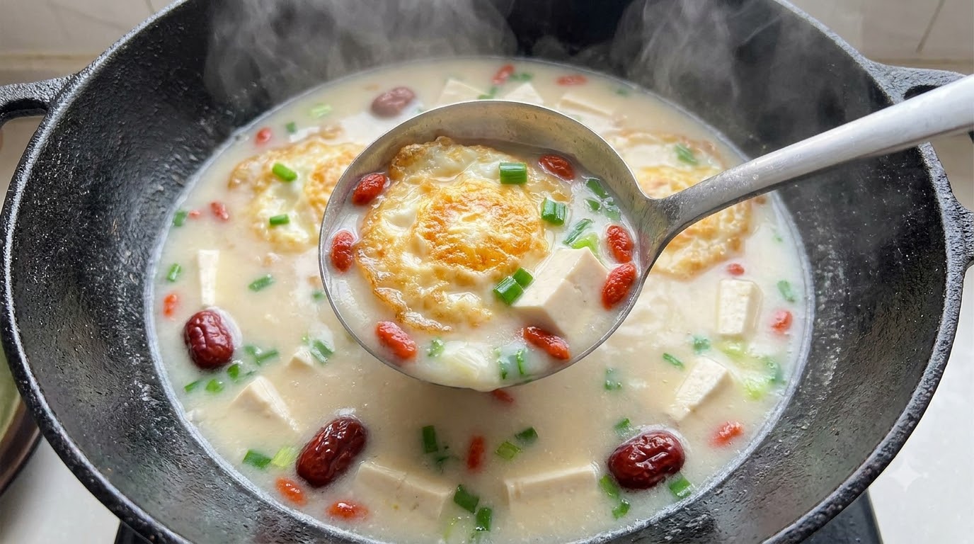 Milky White Yellow Tail Fish Soup with Tofu and Fried Eggs