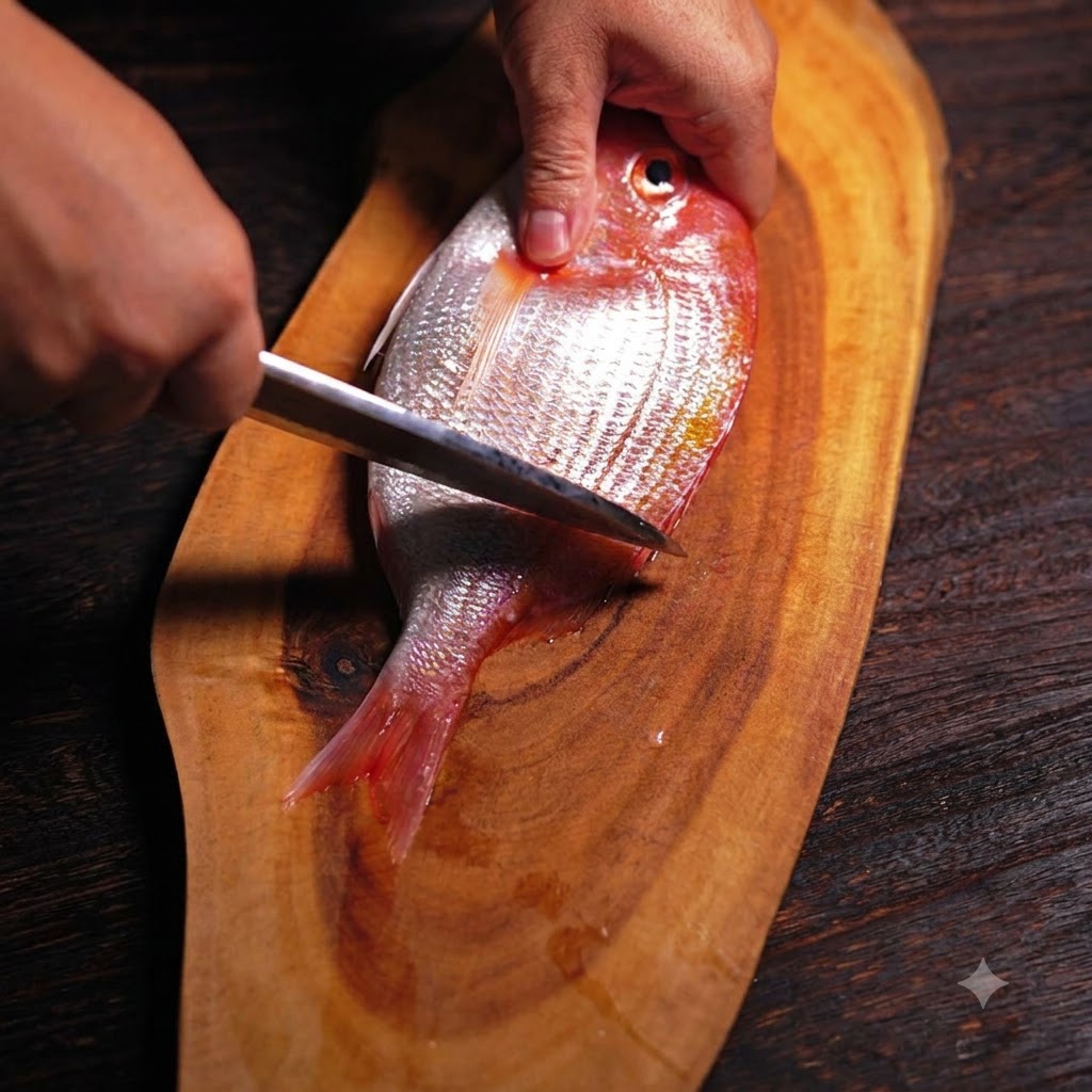 A red snapper being scaled and cleaned with a knife on a wooden board.