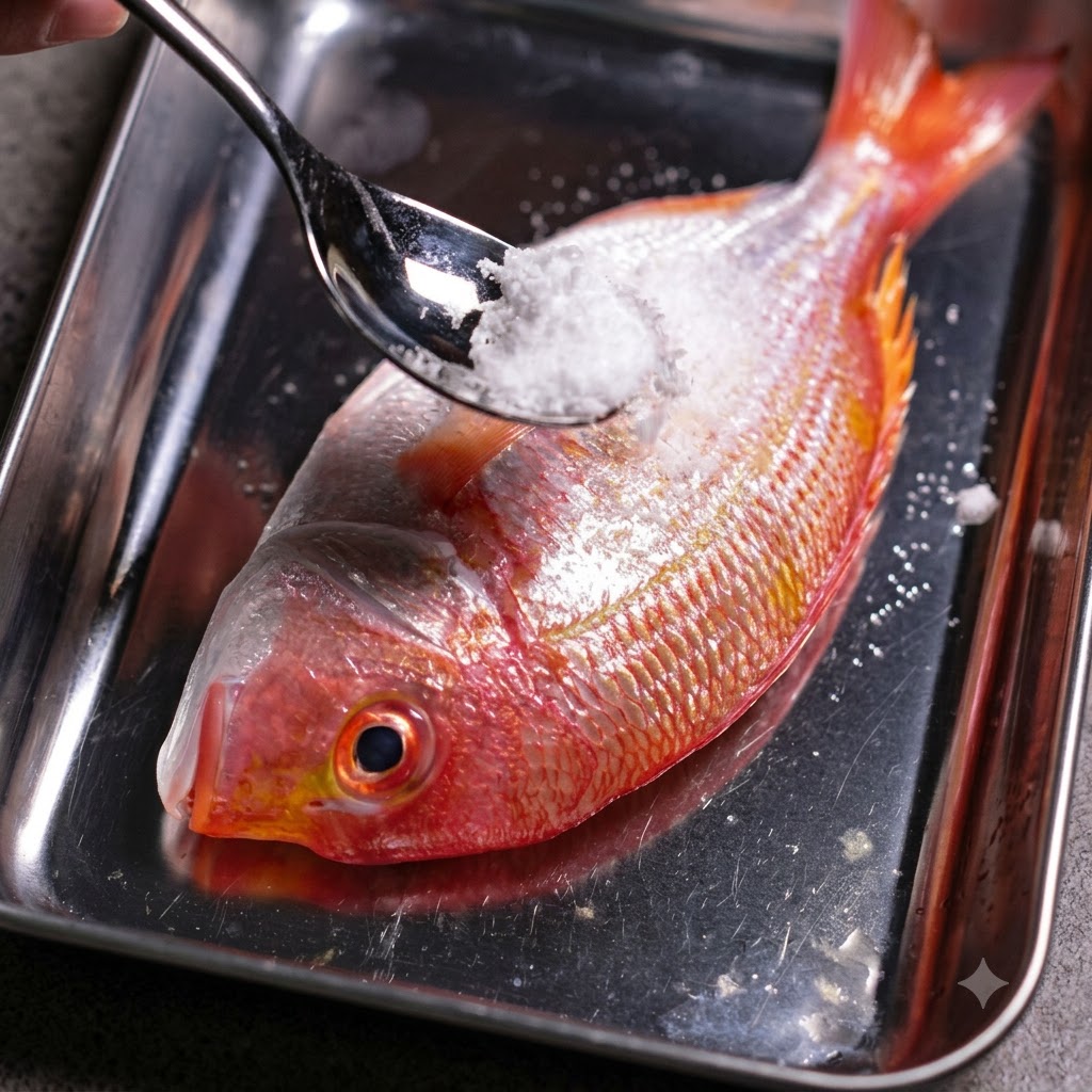 Salt and cornstarch being applied to a fresh red snapper on a metal tray.