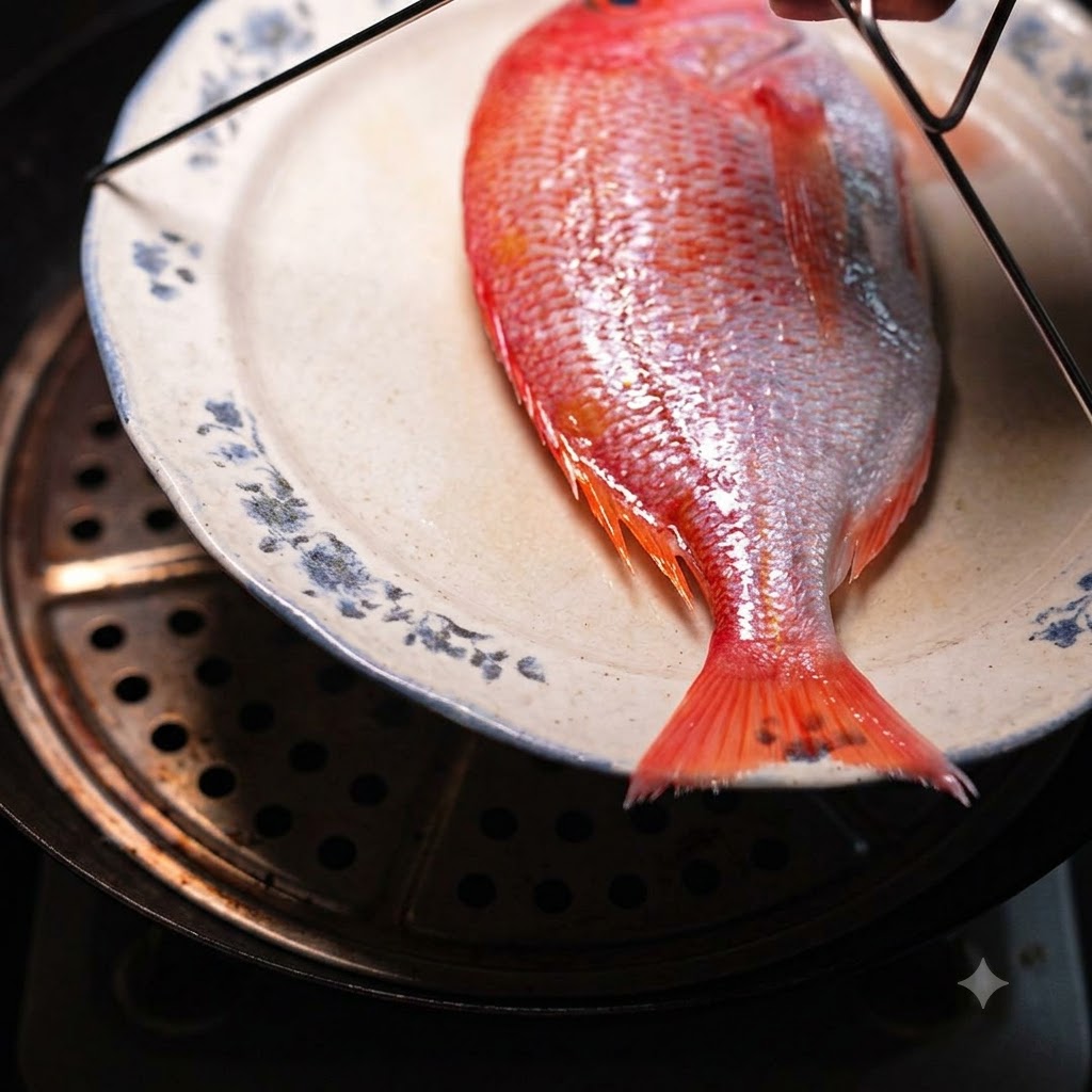 A red snapper on a decorative plate being placed onto a steamer rack over boiling water.