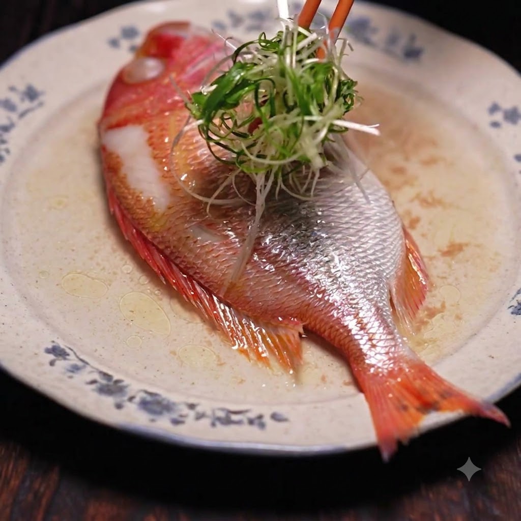 Freshly steamed red snapper garnished with a pile of green shredded scallions.