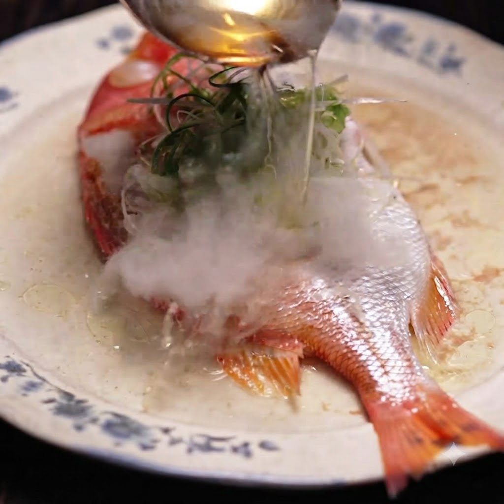 Hot oil being poured over shredded scallions on top of a steamed red snapper, creating steam.