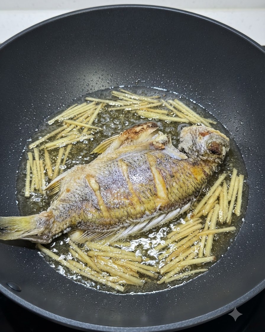 Soy sauce being poured over the fish and ginger in a wok.
