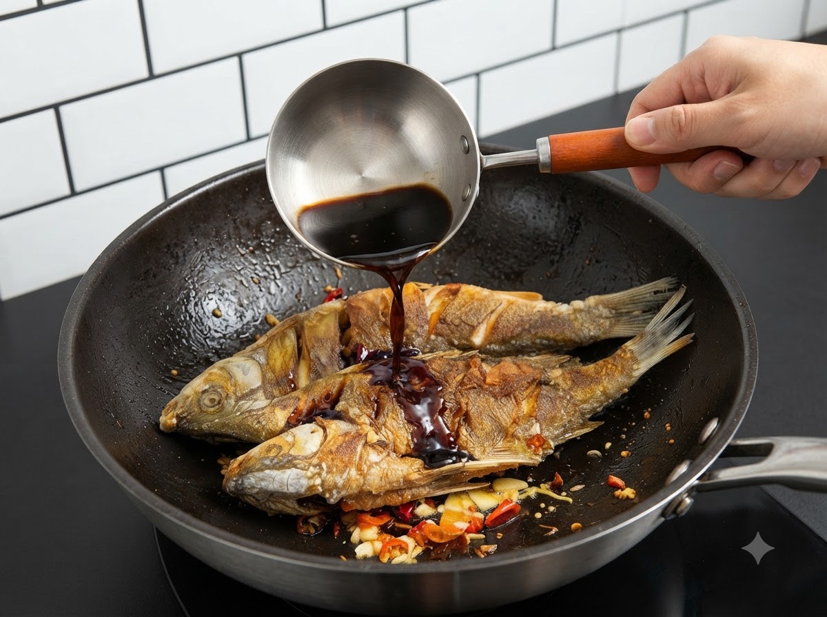 A hand using a metal ladle to pour a dark soy sauce mixture over the fried fish and aromatics in the wok.