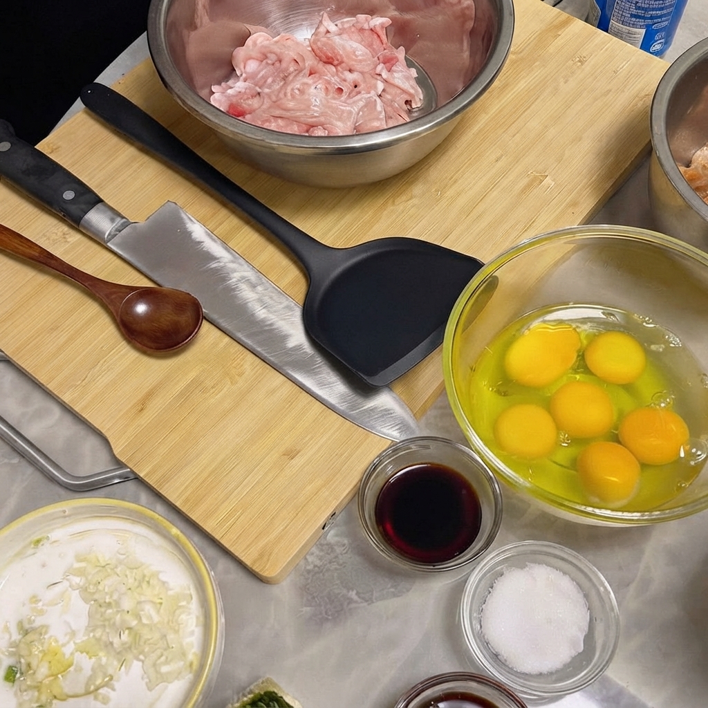 Lean pork slices in a stainless steel bowl mixed with soy sauce, garlic, and spices.