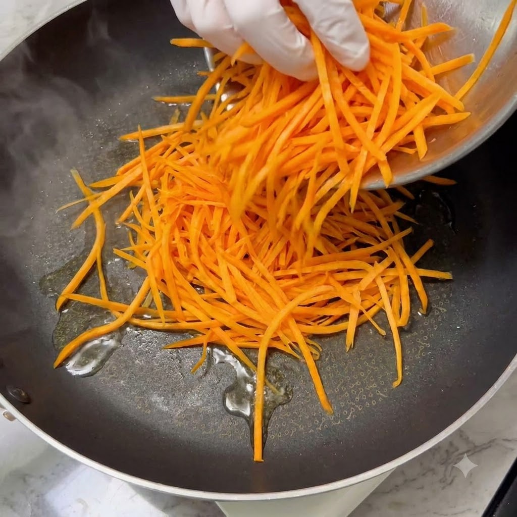 Finely shredded carrots cooking in a hot skillet with oil using a spatula.