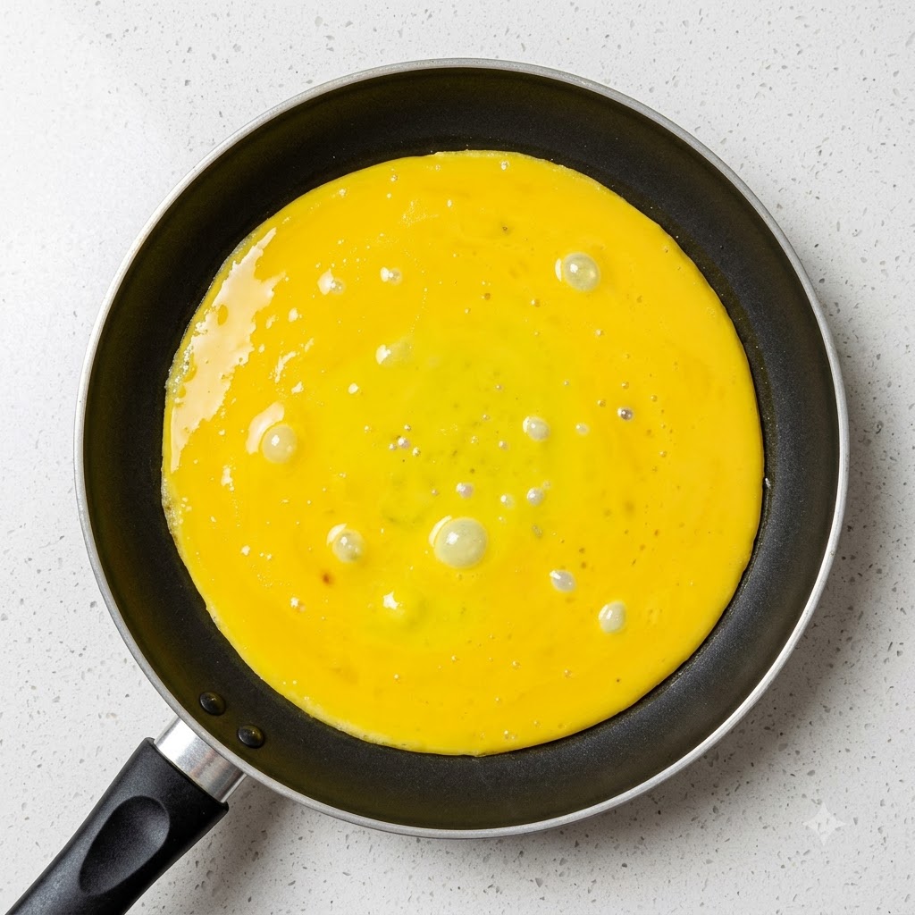 A thick round yellow egg omelet cooking inside a frying pan.