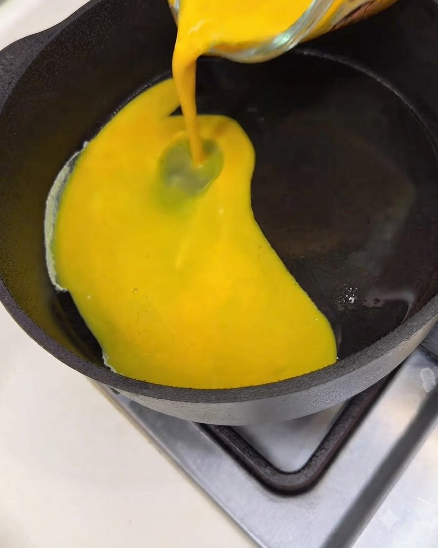 Beaten yellow eggs being poured into a hot, greased cast-iron skillet.