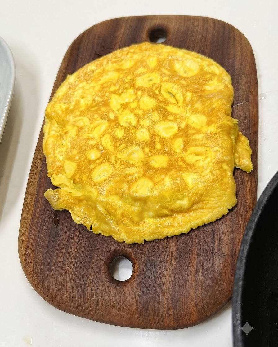 A cooked yellow egg omelet resting on an oval wooden cutting board.