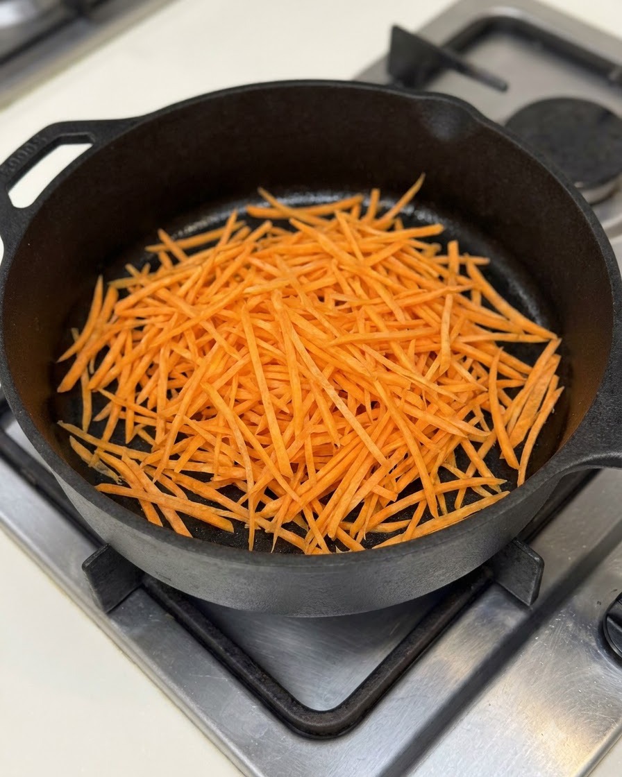 Thinly shredded carrot strips being stir-fried in a black pan.