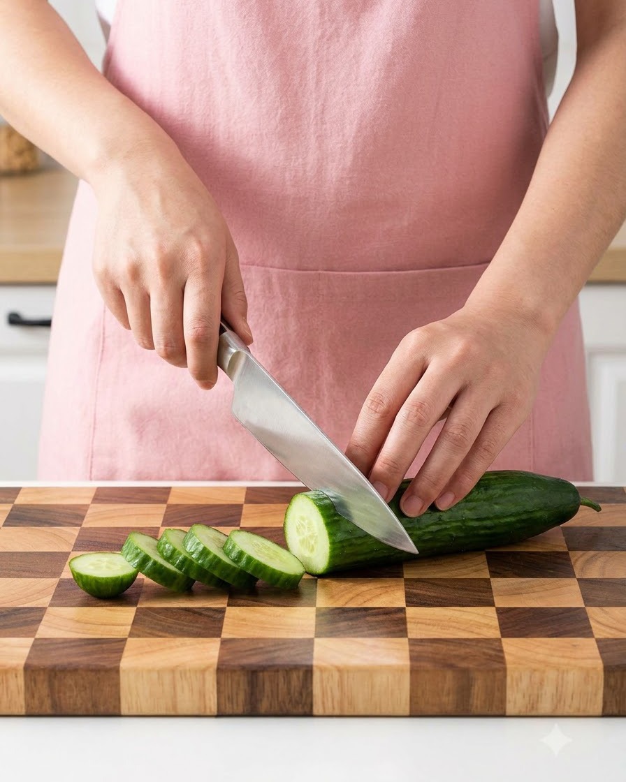 A person wearing a pink apron slicing a fresh cucumber on a checkered wooden cutting board.