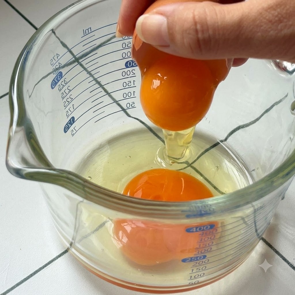An egg being cracked open into a glass measuring cup containing previously cracked eggs and measurement lines.