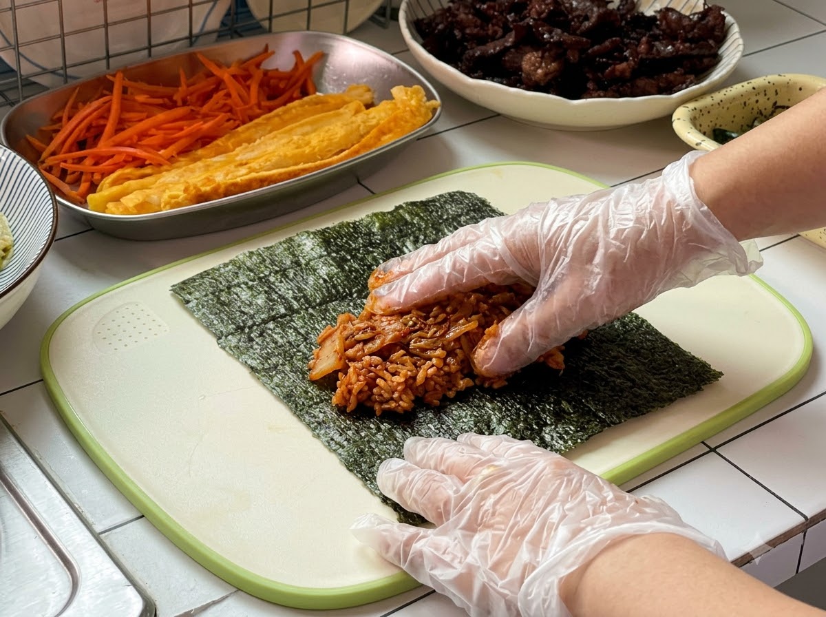 Gloved hands spreading a layer of kimchi fried rice onto a seaweed sheet.