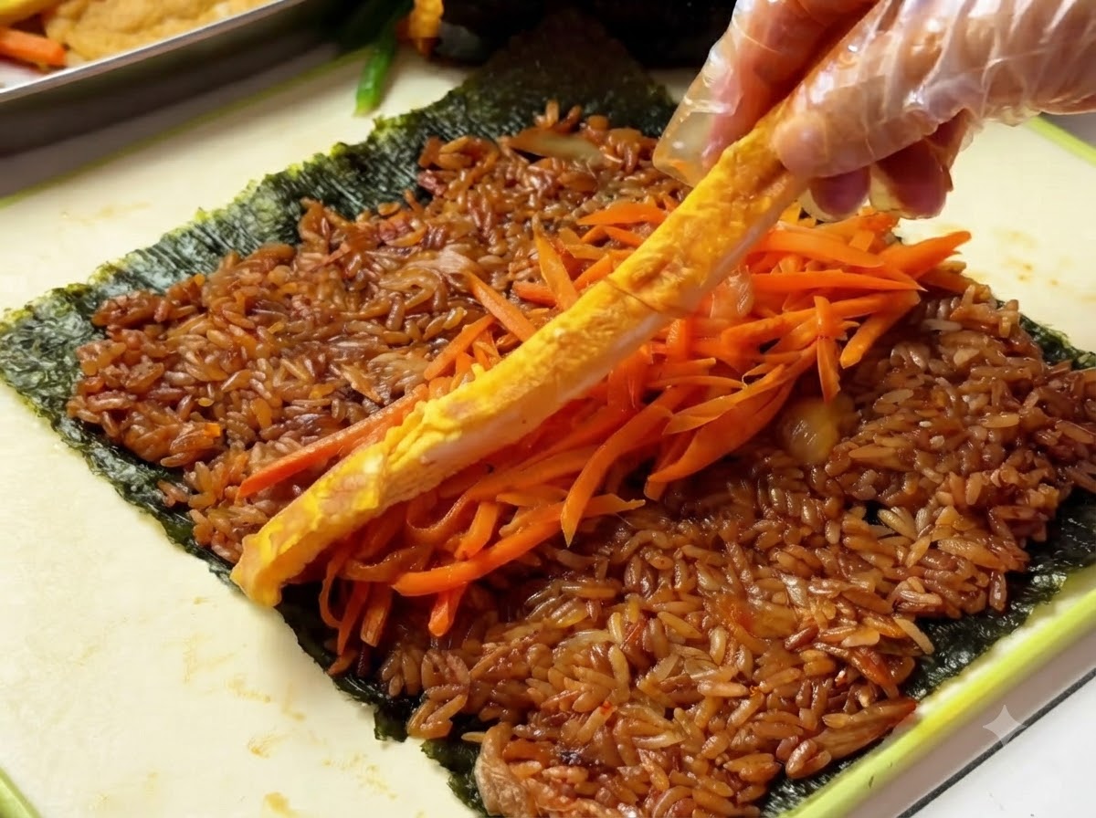 A hand placing an egg strip onto the layered fillings on top of the rice.