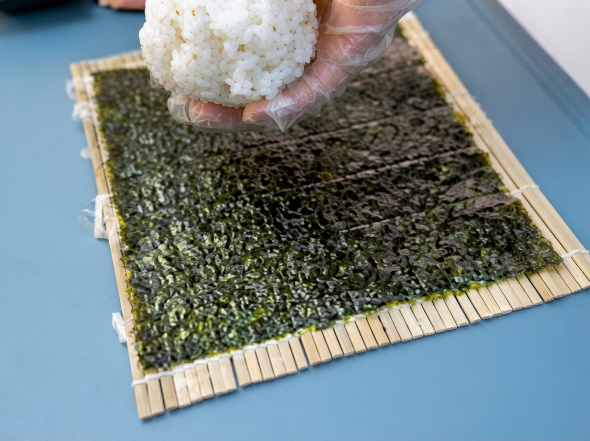 A hand placing a round ball of white rice onto a black seaweed sheet over a bamboo mat.