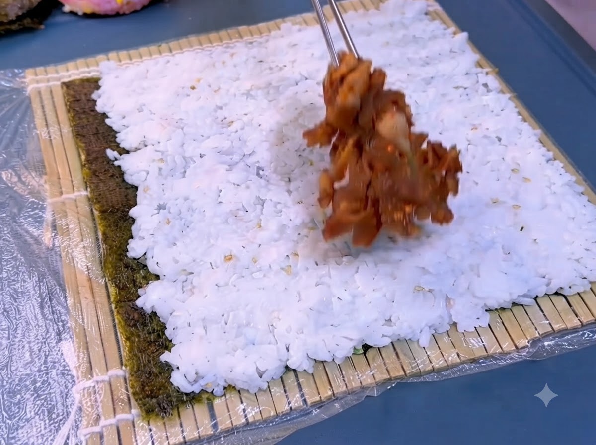 A sheet of dark seaweed placed on a bamboo mat with a layer of white cooked rice being spread across it.