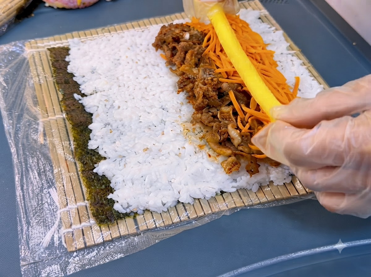 A hand placing a long yellow pickled radish strip next to carrots and beef on rice.