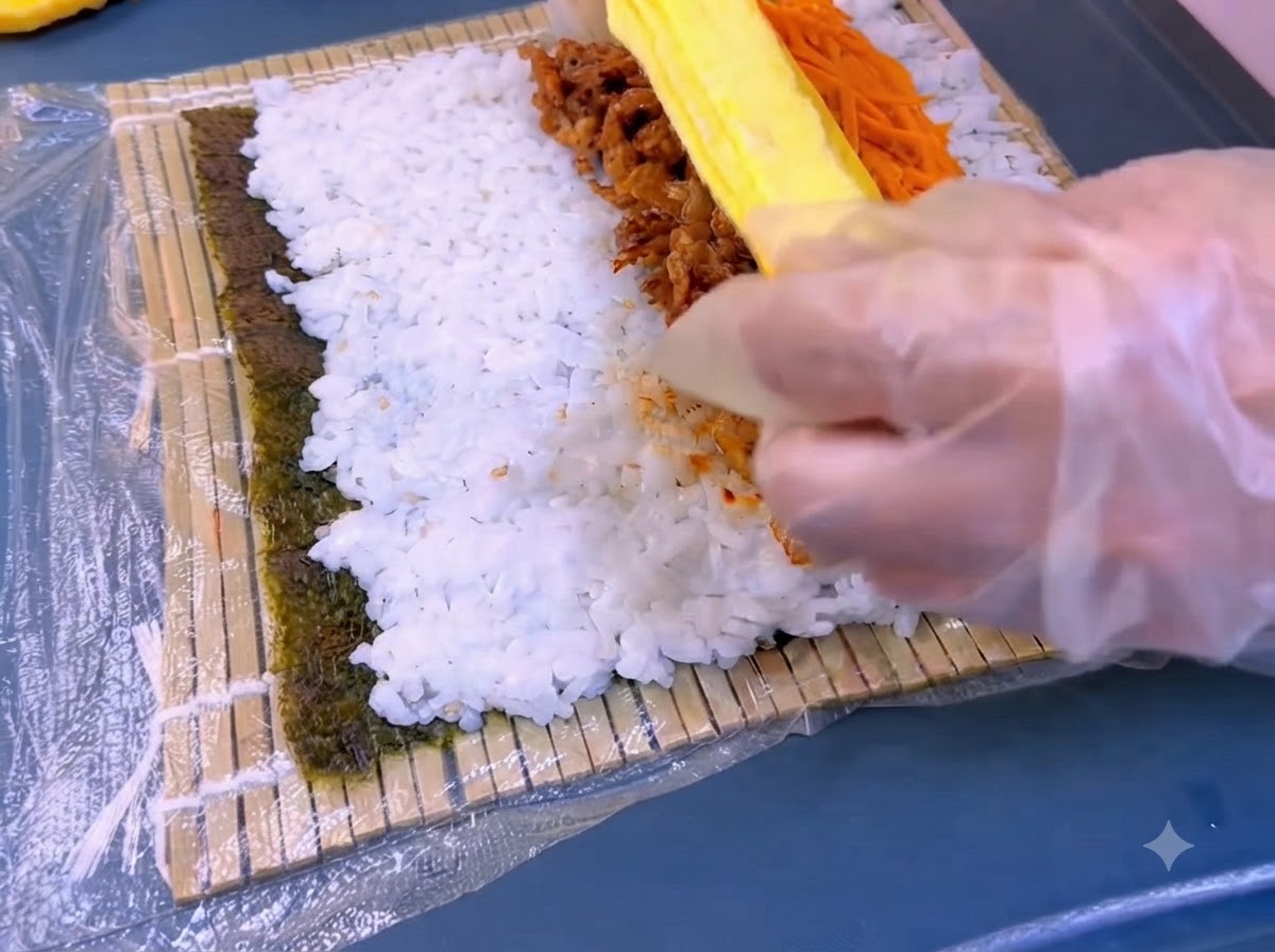 A yellow egg strip being laid across carrots and beef filling on a kimbap layer.