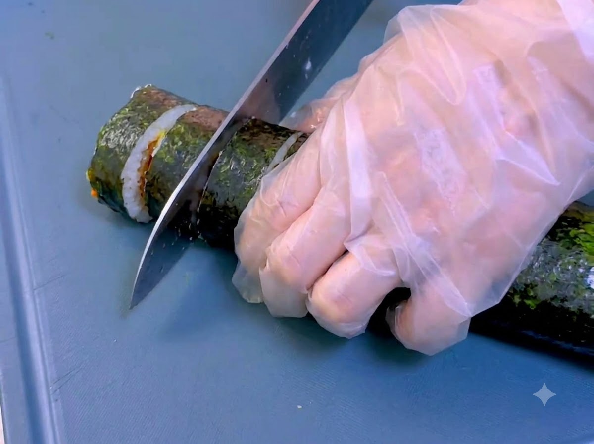 A sharp knife cutting through a rolled seaweed kimbap on a blue cutting board.