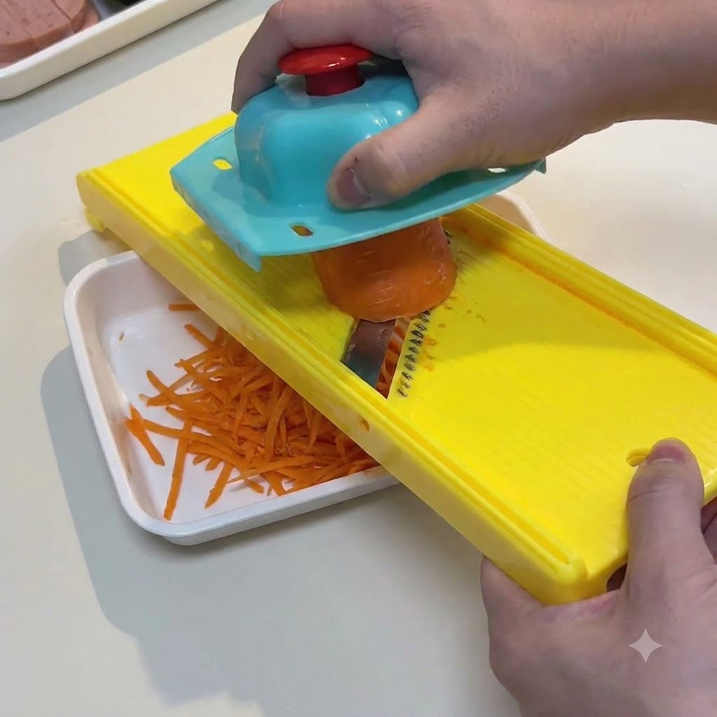 A person using a yellow mandoline slicer to shred a raw orange carrot into thin strips.