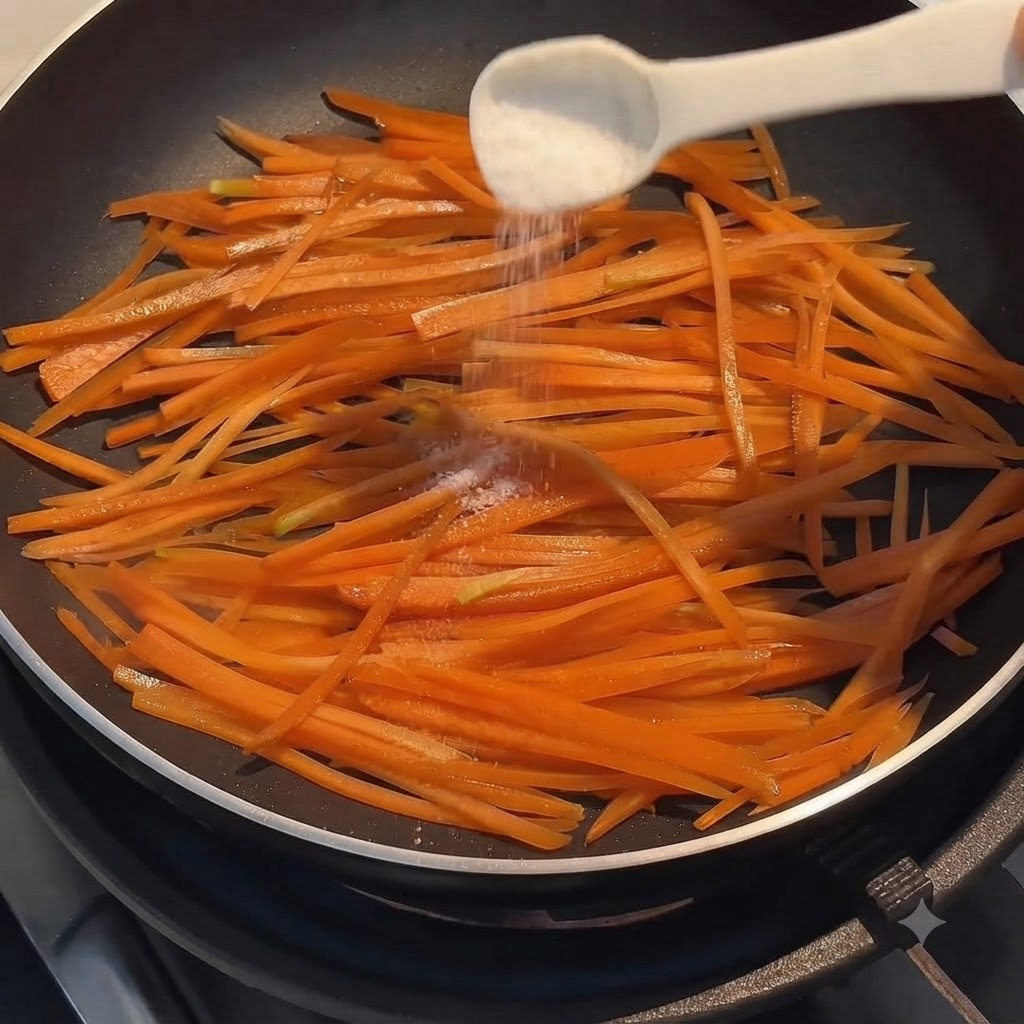 A pinch of salt being sprinkled from a small measuring spoon over bright orange shredded carrots cooking in a black non-stick pan.