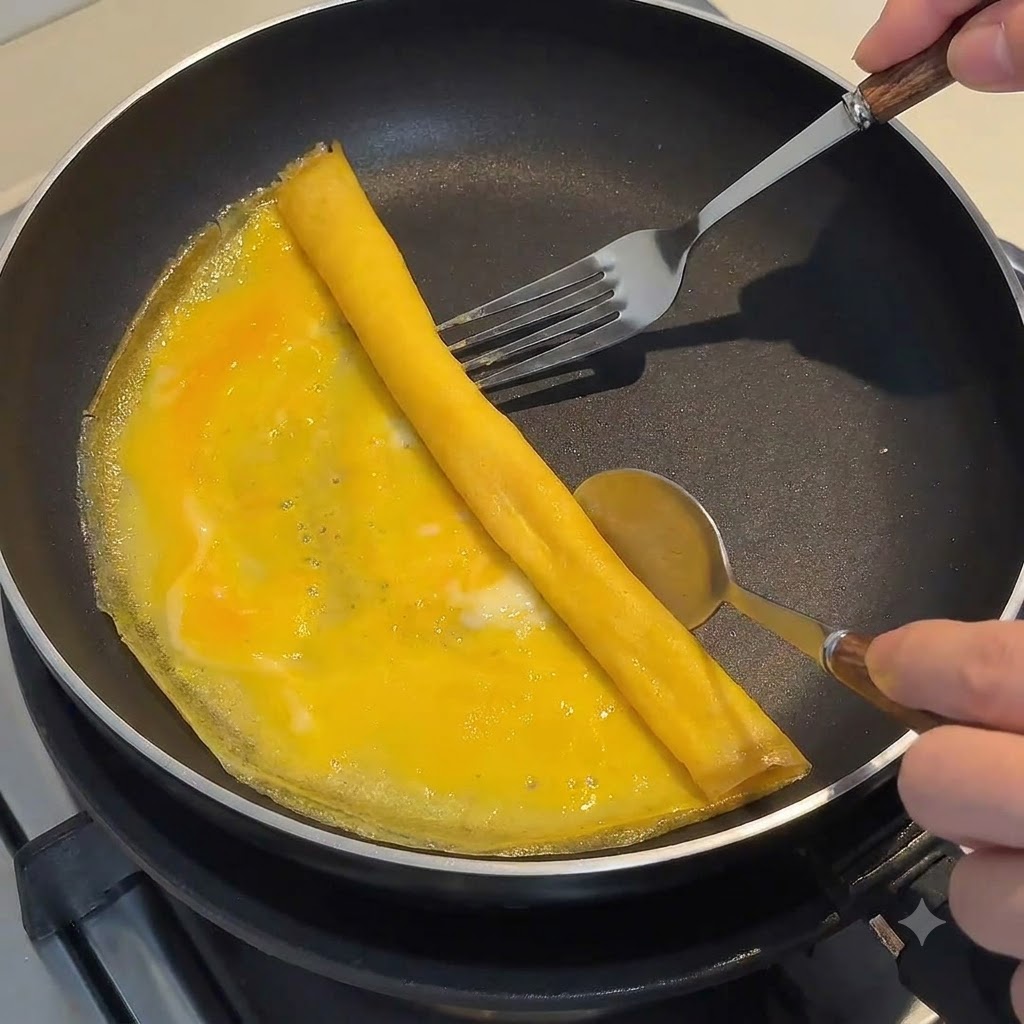A thin sheet of egg being rolled up tightly with a fork and a spoon in a frying pan.