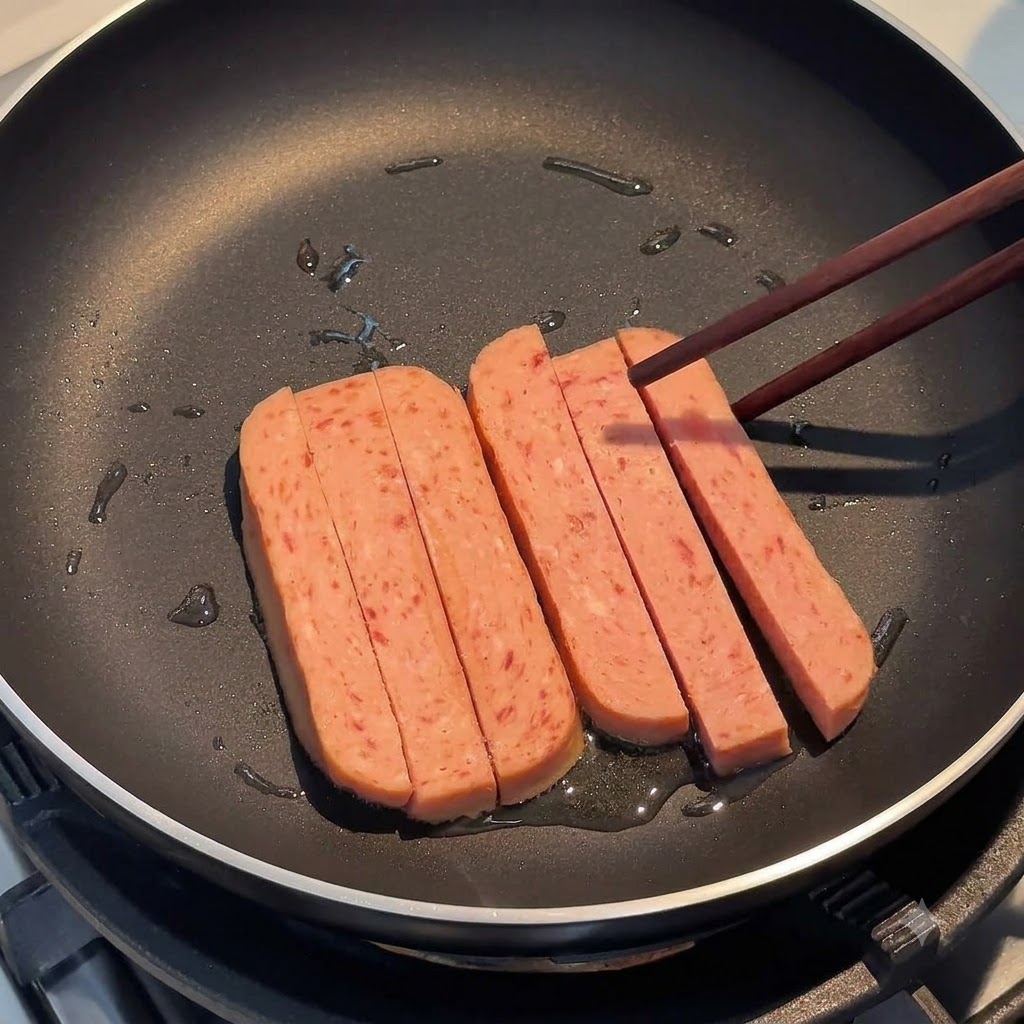 Luncheon meat strips frying in a pan, held and turned with wooden chopsticks.