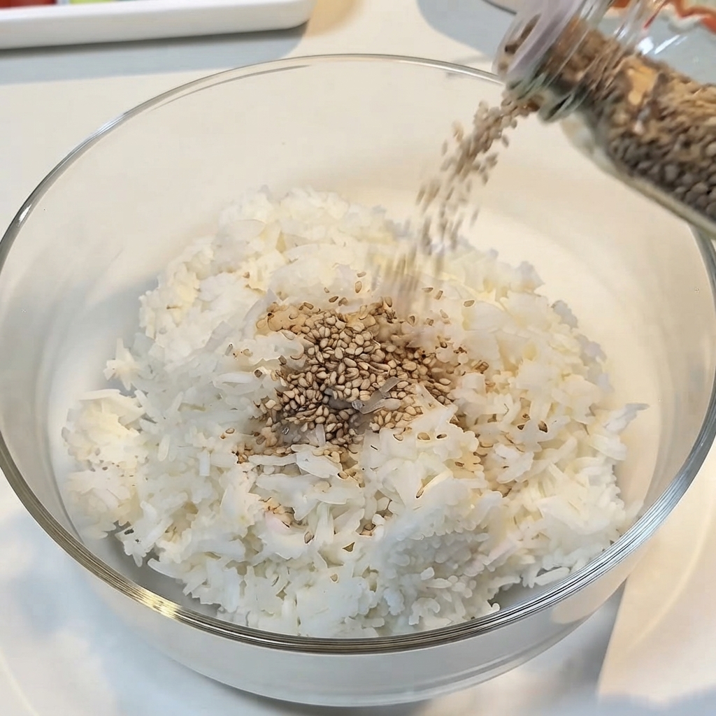 White sesame seeds being poured from a jar into a bowl of cooked rice.