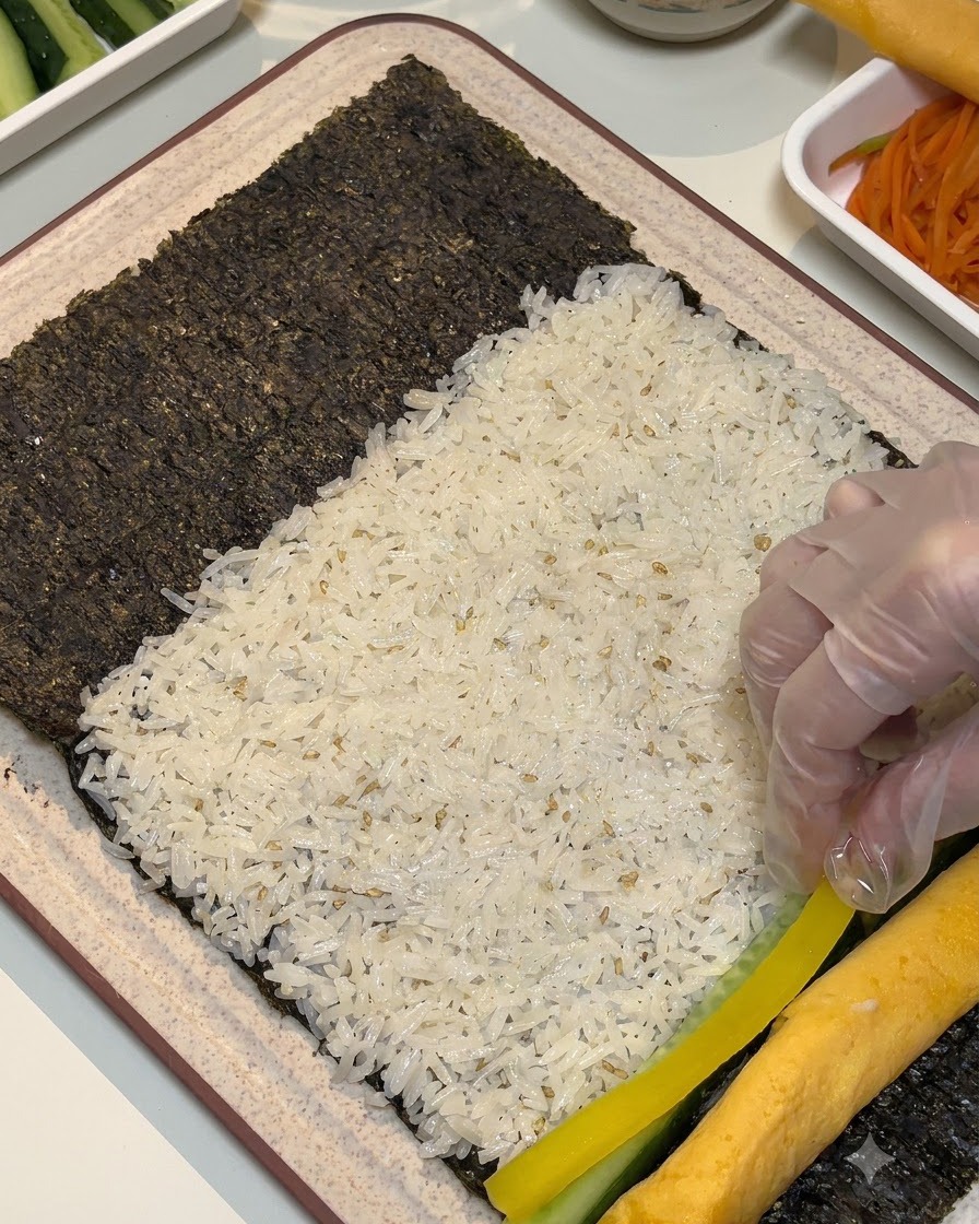Gloved hands placing yellow pickled radish next to a cooked egg roll and rice.