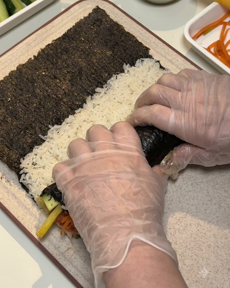 Two gloved hands tightly rolling the seaweed and fillings forward into a cylinder on a textured mat.
