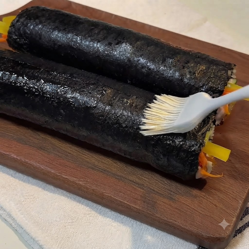 A silicone brush applying a glossy coat of sesame oil onto two finished seaweed rolls on a wooden board.
